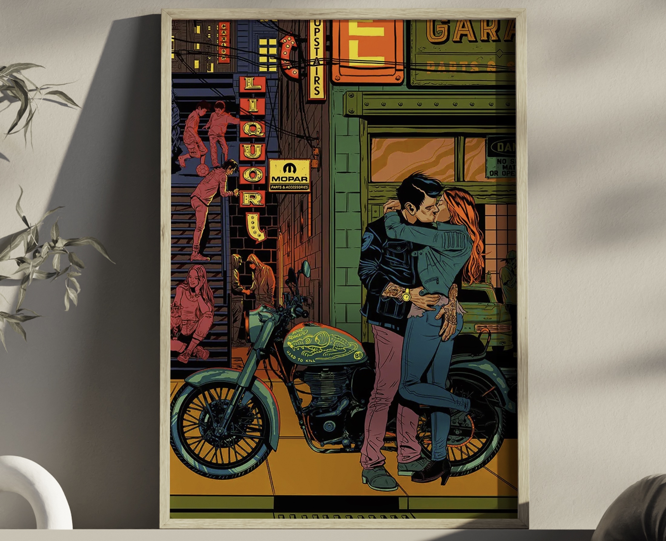 Kiss illustration displayed in a wooden frame
